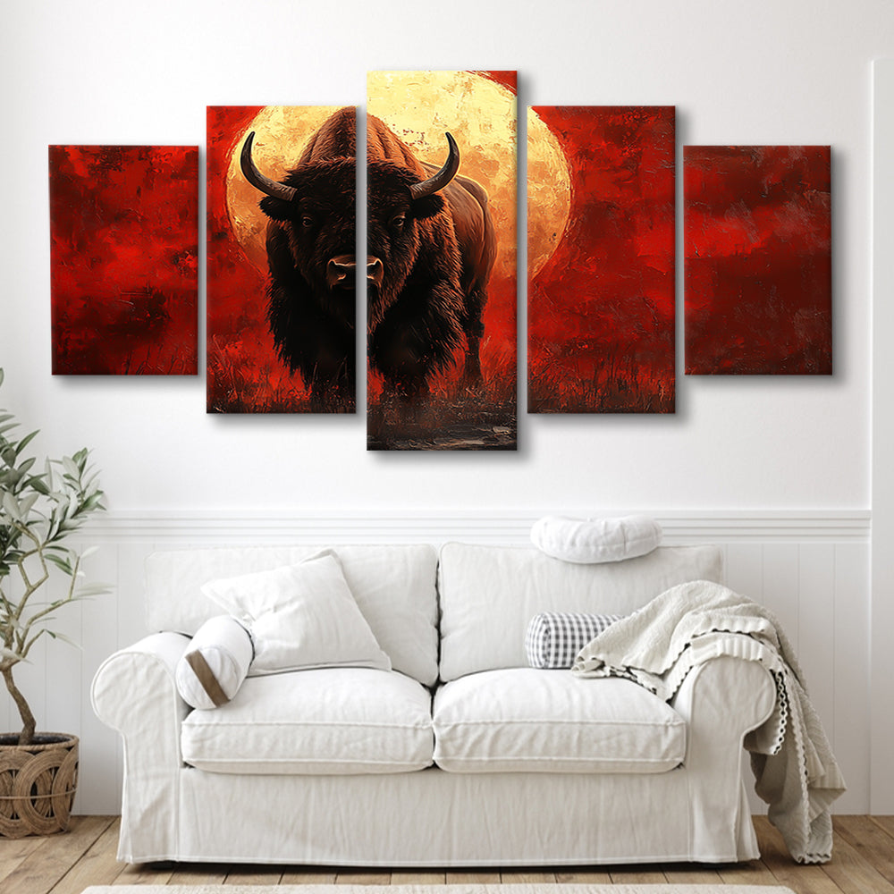 Bison Painting and Blood Moon, Canvas Art Decor Print, Painting Art, Mixed Panels Canvas Print Wall Art