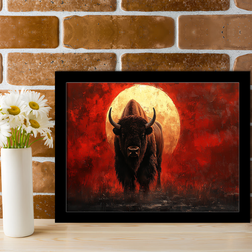Bison Painting and Blood Moon, Framed  Print, Painting Art, Framed Art Print Wall Decor, Framed Picture