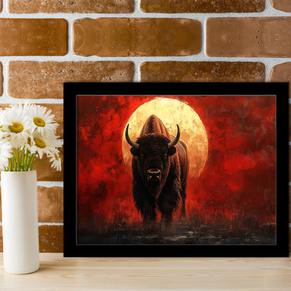 Bison Painting and Blood Moon, Framed  Print, Painting Art, Framed Art Print Wall Decor, Framed Picture
