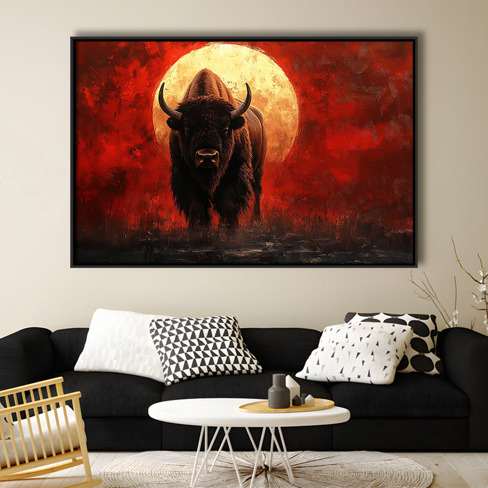 Bison Painting and Blood Moon, Framed Canvas Print, Painting Art, Floating Framed Canvas Print Wall Art