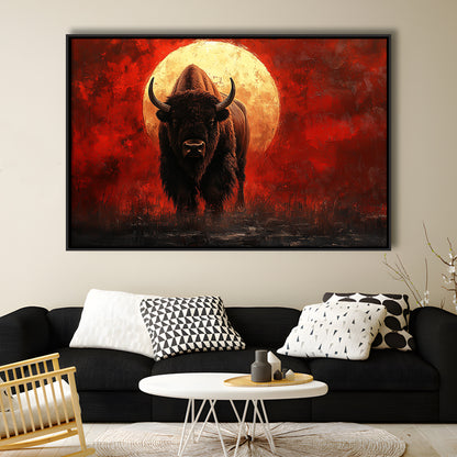 Bison Painting and Blood Moon, Framed Canvas Print, Painting Art, Floating Framed Canvas Print Wall Art