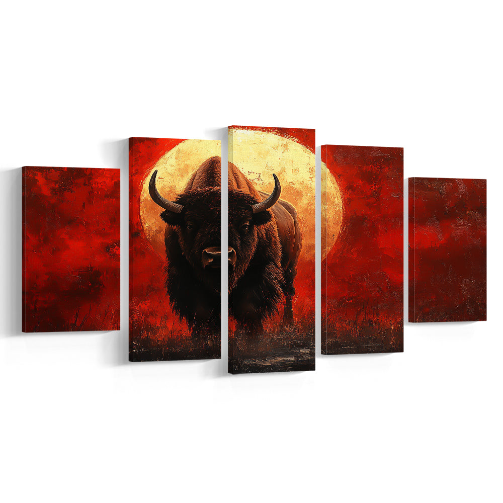 Bison Painting and Blood Moon, Canvas Art Decor Print, Painting Art, Mixed Panels Canvas Print Wall Art