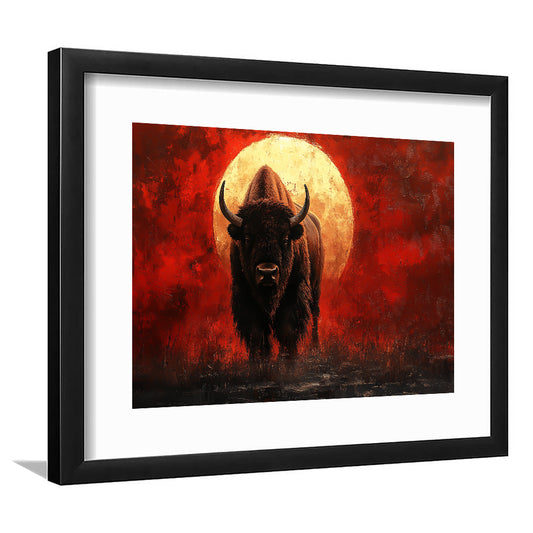 Bison Painting and Blood Moon, Framed  Print, Painting Art, Framed Art Print White Border Wall Decor