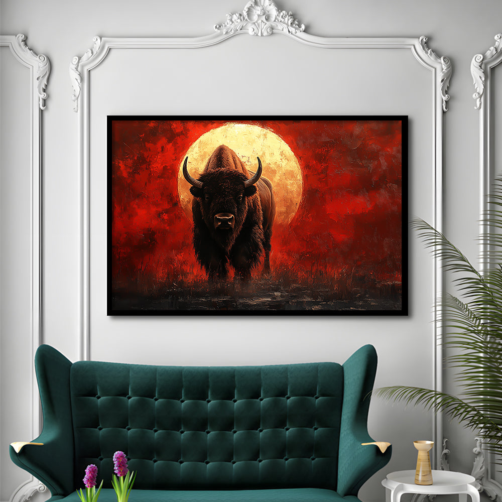 Bison Painting and Blood Moon, Framed  Print, Painting Art, Framed Art Print Wall Decor, Framed Picture