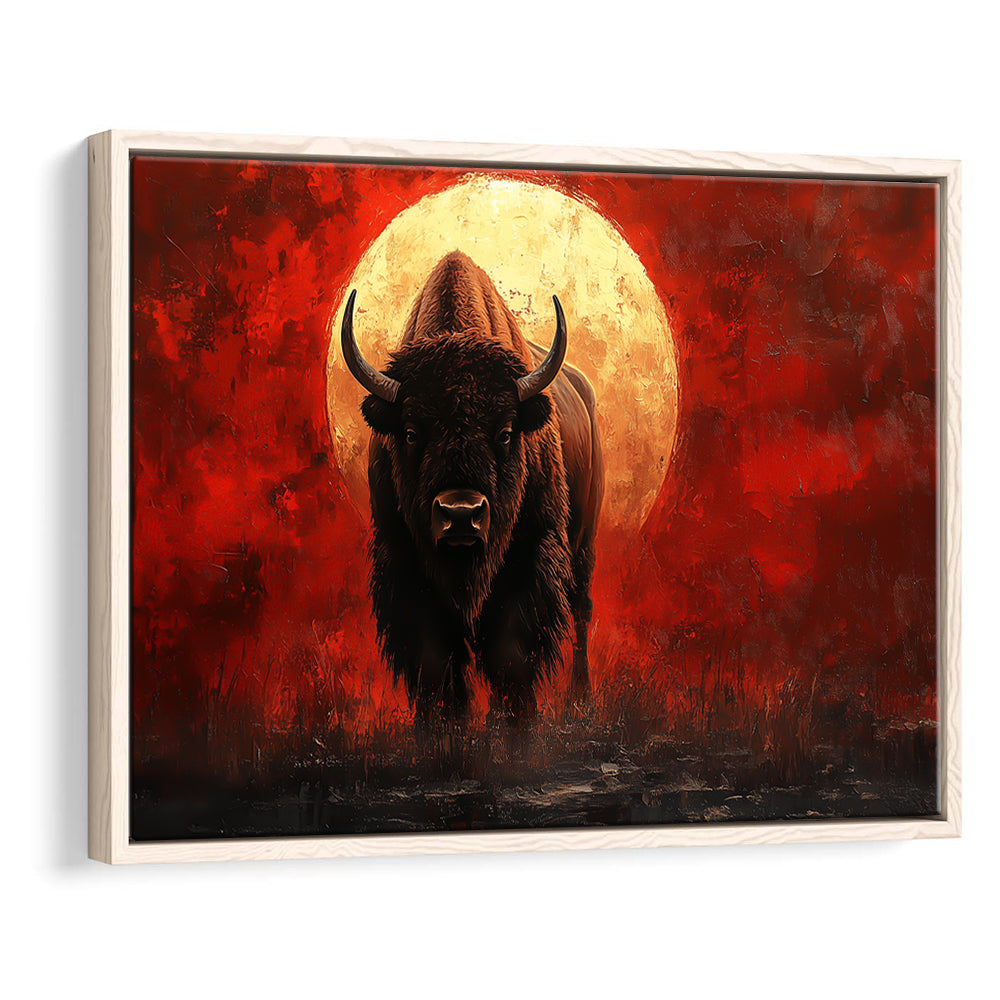 Bison Painting and Blood Moon, Framed Canvas Print, Painting Art, Floating Framed Canvas Print Wall Art