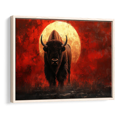 Bison Painting and Blood Moon, Framed Canvas Print, Painting Art, Floating Framed Canvas Print Wall Art