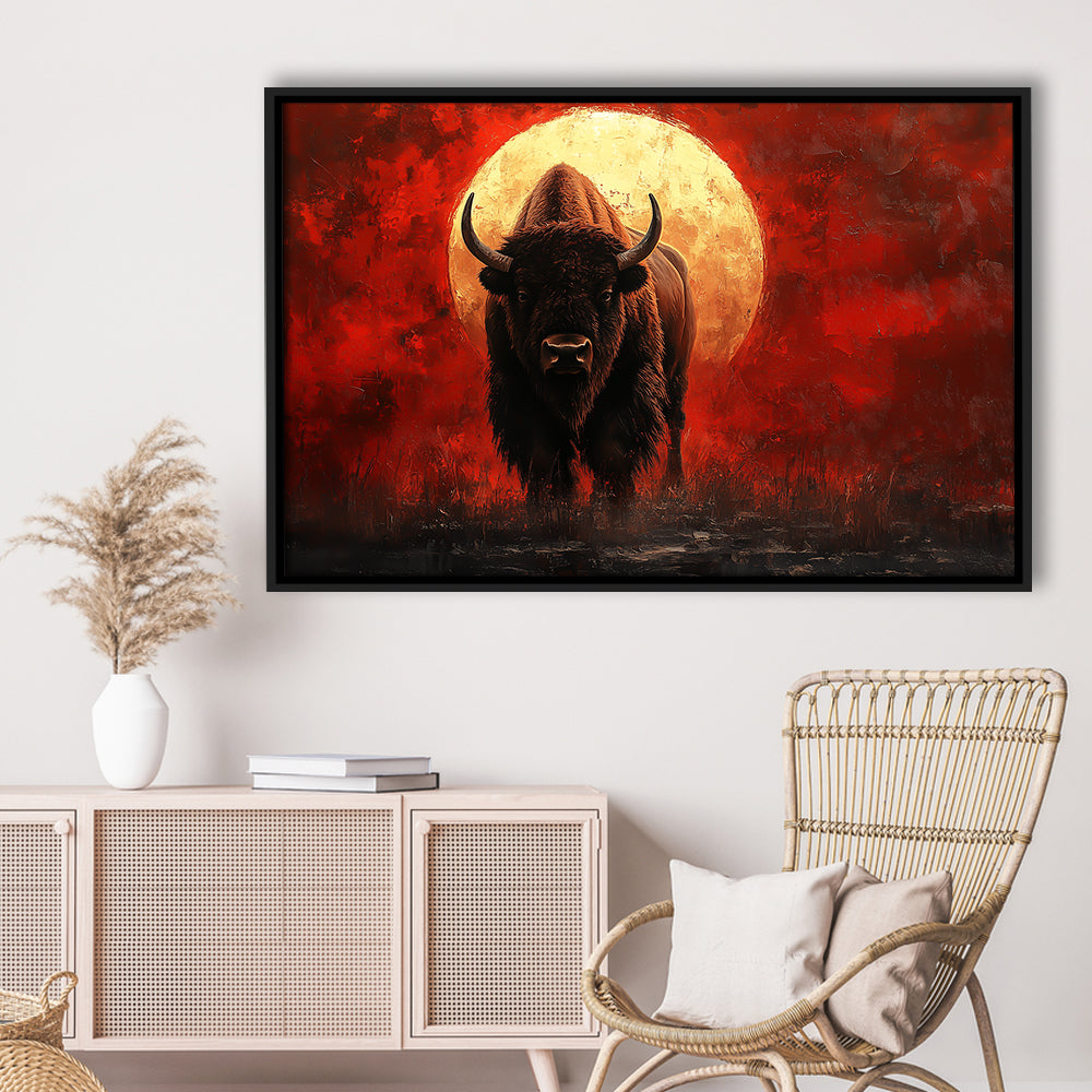 Bison Painting and Blood Moon, Framed Canvas Print, Painting Art, Floating Framed Canvas Print Wall Art