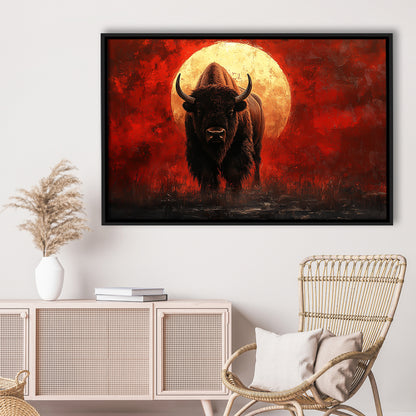 Bison Painting and Blood Moon, Framed Canvas Print, Painting Art, Floating Framed Canvas Print Wall Art