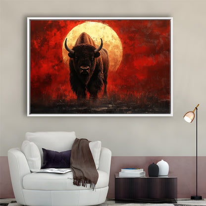 Bison Painting and Blood Moon, Framed Canvas Print, Painting Art, Floating Framed Canvas Print Wall Art