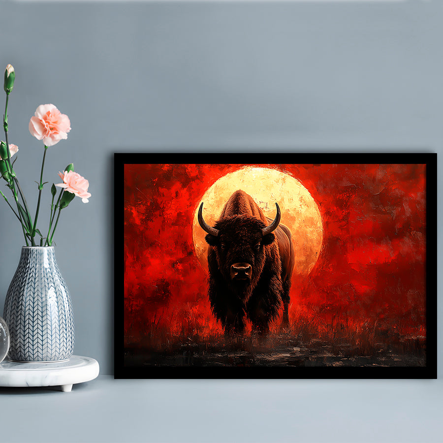 Bison Painting and Blood Moon, Framed  Print, Painting Art, Framed Art Print Wall Decor, Framed Picture