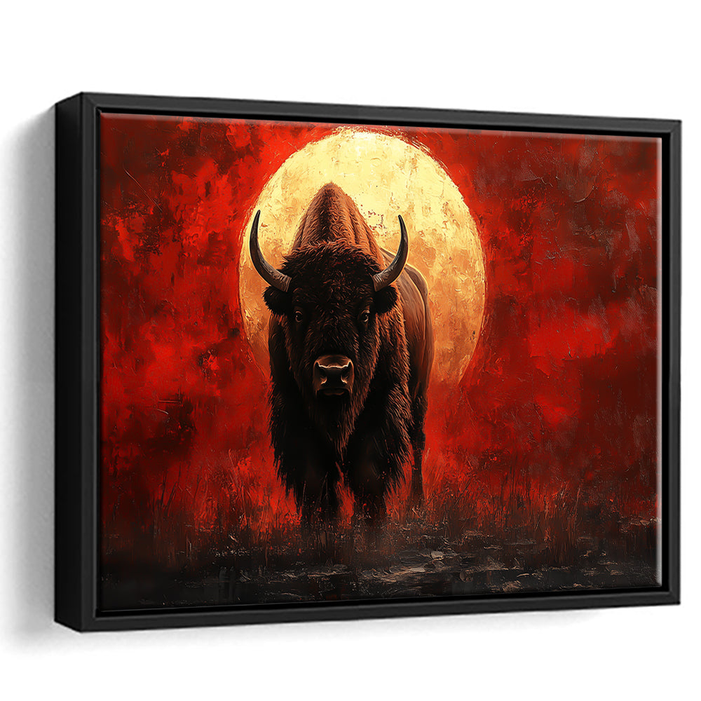 Bison Painting and Blood Moon, Framed Canvas Print, Painting Art, Floating Framed Canvas Print Wall Art