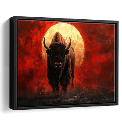 Bison Painting and Blood Moon, Framed Canvas Print, Painting Art, Floating Framed Canvas Print Wall Art