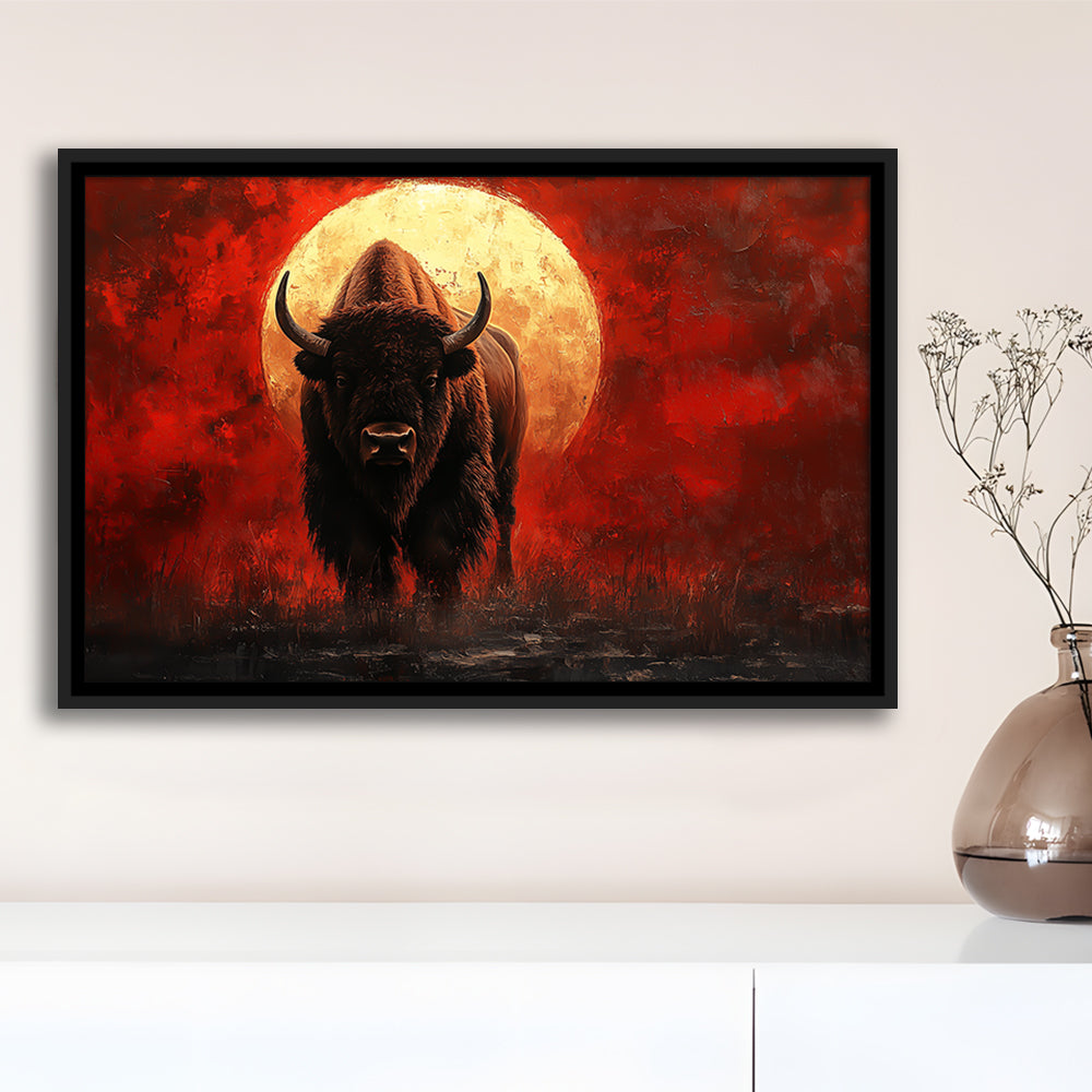 Bison Painting and Blood Moon, Framed Canvas Print, Painting Art, Floating Framed Canvas Print Wall Art