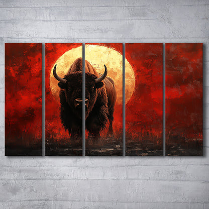 Bison Painting and Blood Moon, Canvas Art Print, Painting Art, Multi Panels Canvas Print Wall Art