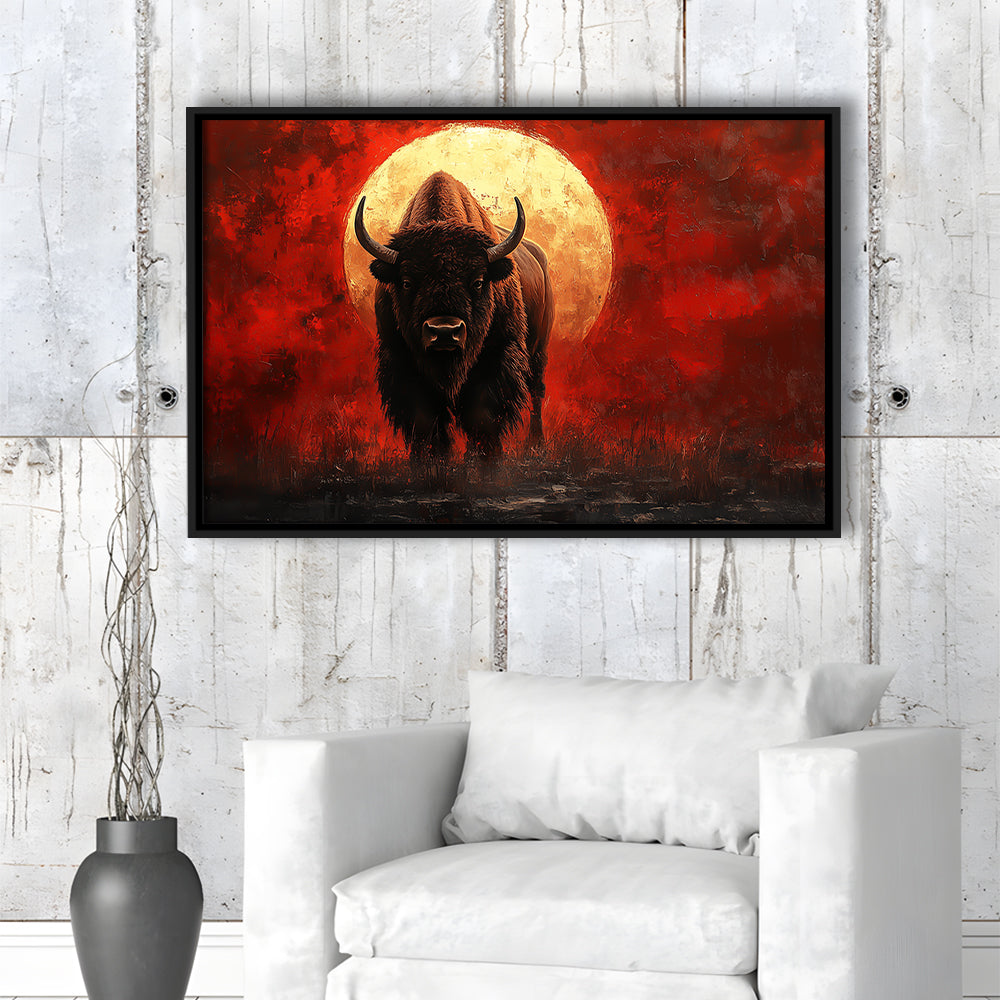Bison Painting and Blood Moon, Framed Canvas Print, Painting Art, Floating Framed Canvas Print Wall Art