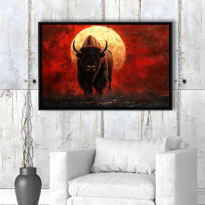 Bison Painting and Blood Moon, Framed Canvas Print, Painting Art, Floating Framed Canvas Print Wall Art