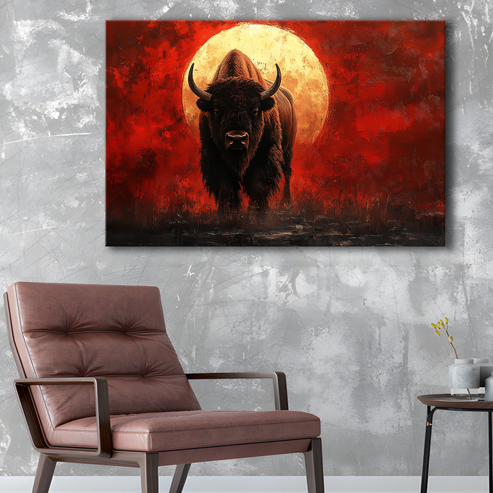 Bison Painting and Blood Moon, Canvas Art Decor Print, Painting Art, Canvas Print Wall Art Home Decor