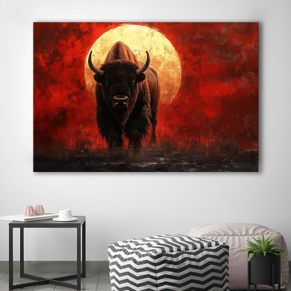 Bison Painting and Blood Moon, Canvas Art Decor Print, Painting Art, Canvas Print Wall Art Home Decor