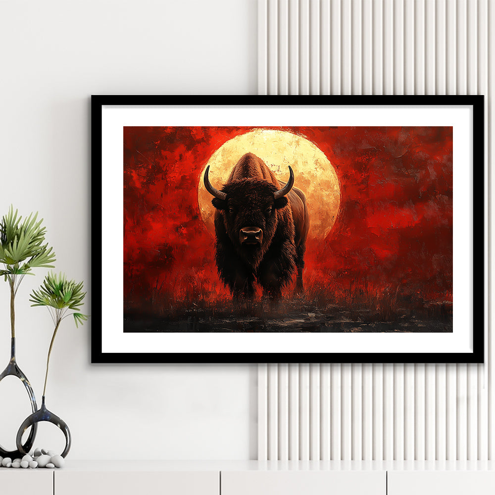 Bison Painting and Blood Moon, Framed  Print, Painting Art, Framed Art Print White Border Wall Decor