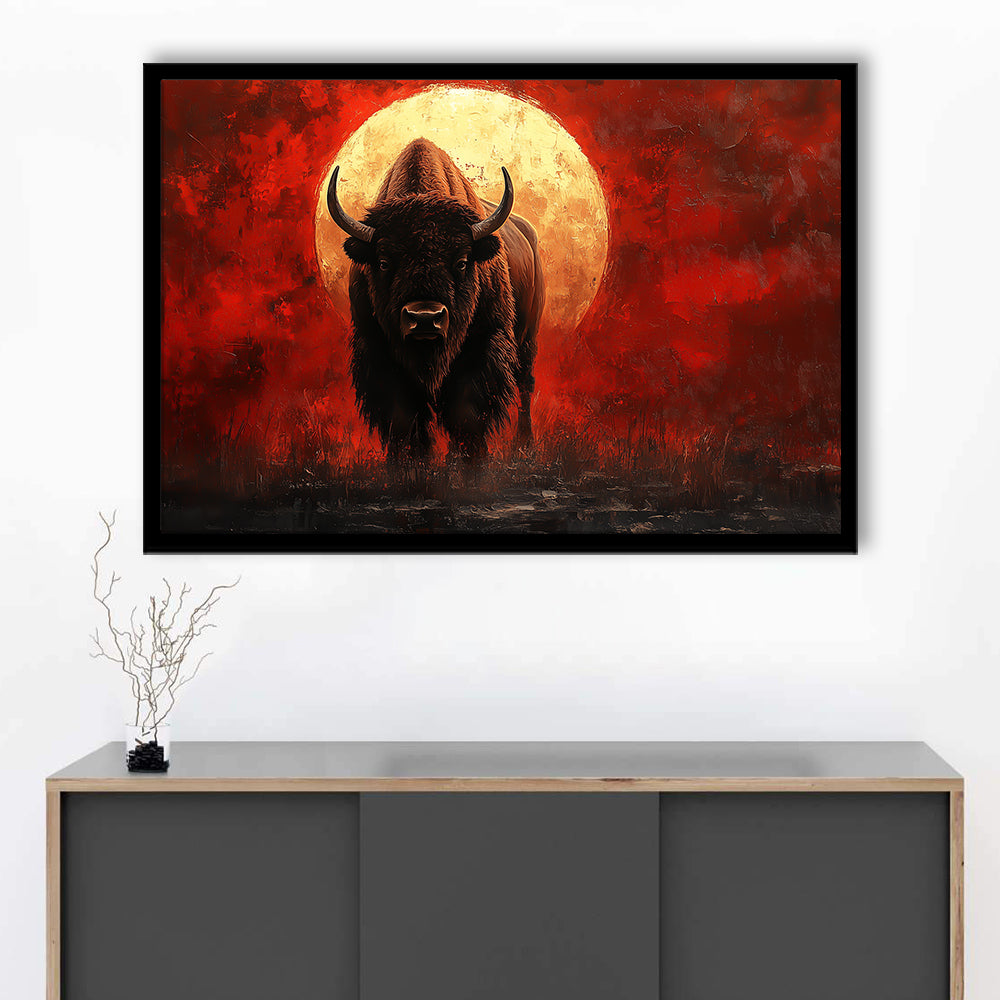 Bison Painting and Blood Moon, Framed  Print, Painting Art, Framed Art Print Wall Decor, Framed Picture