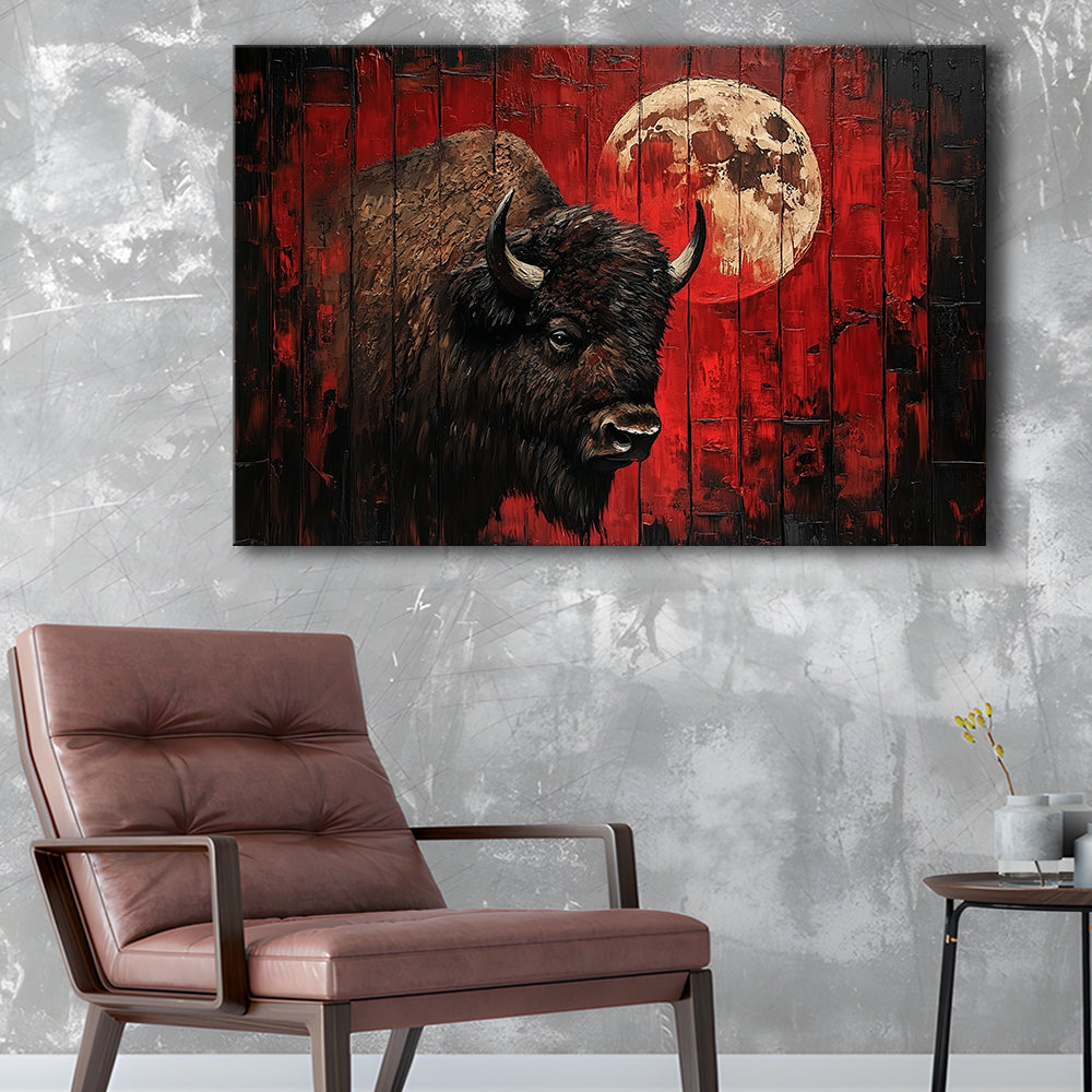 Bison and Moon Painting DardRed, Canvas Art Decor Print, Painting Art, Canvas Print Wall Art Home Decor