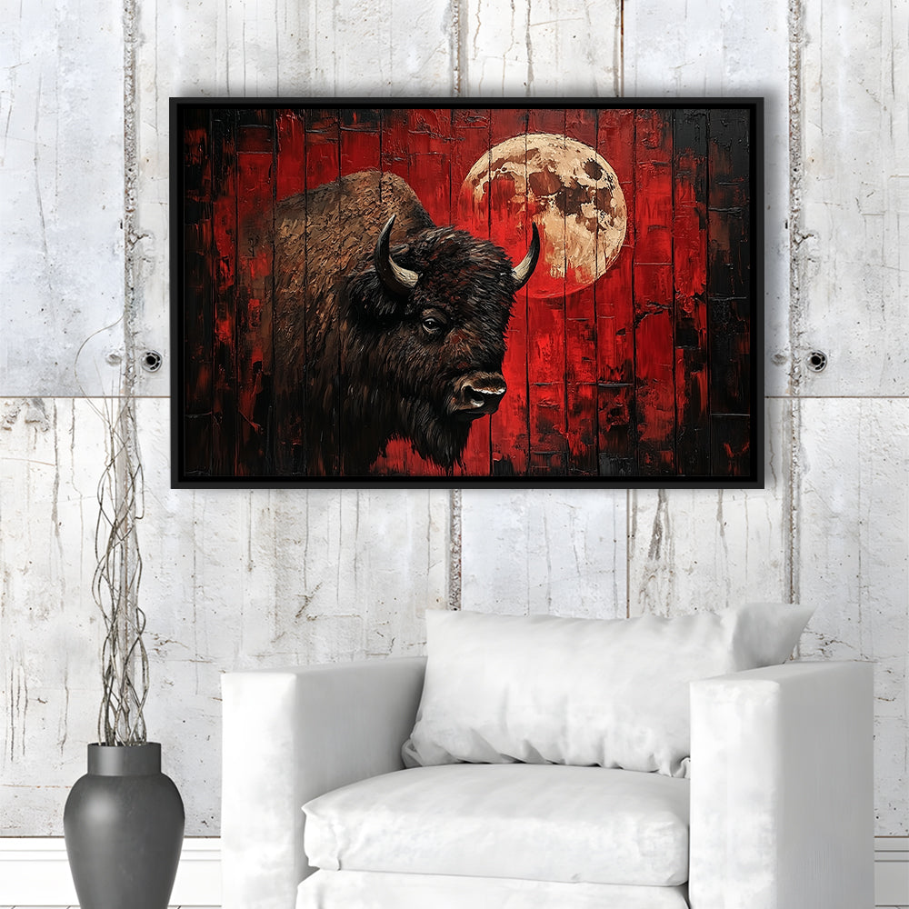 Bison and Moon Painting DardRed, Framed Canvas Print, Painting Art, Floating Framed Canvas Print Wall Art