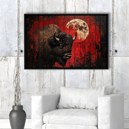 Bison and Moon Painting DardRed, Framed Canvas Print, Painting Art, Floating Framed Canvas Print Wall Art