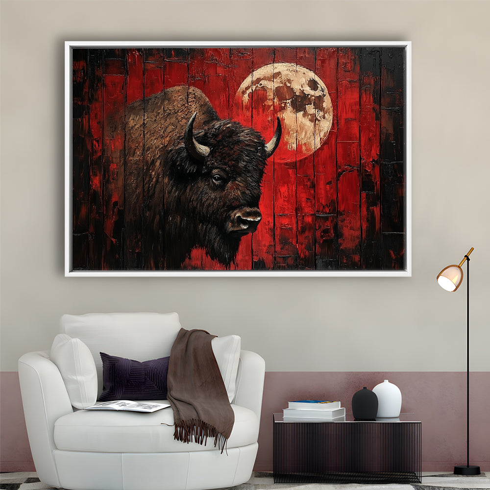 Bison and Moon Painting DardRed, Framed Canvas Print, Painting Art, Floating Framed Canvas Print Wall Art