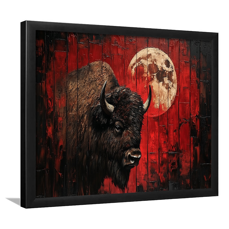 Bison and Moon Painting DardRed, Framed  Print, Painting Art, Framed Art Print Wall Decor, Framed Picture