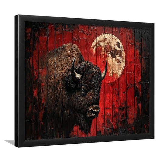Bison and Moon Painting DardRed, Framed  Print, Painting Art, Framed Art Print Wall Decor, Framed Picture