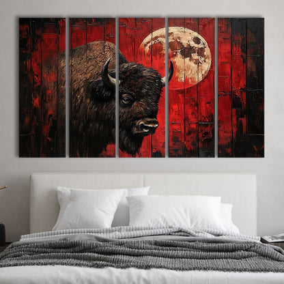 Bison and Moon Painting DardRed, Canvas Art Print, Painting Art, Multi Panels Canvas Print Wall Art