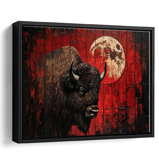 Bison and Moon Painting DardRed, Framed Canvas Print, Painting Art, Floating Framed Canvas Print Wall Art