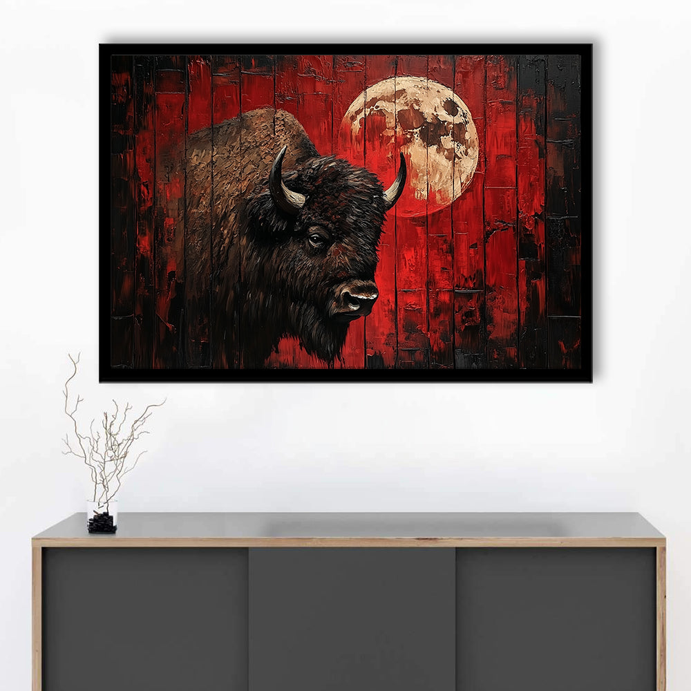 Bison and Moon Painting DardRed, Framed  Print, Painting Art, Framed Art Print Wall Decor, Framed Picture