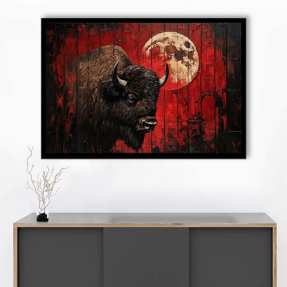 Bison and Moon Painting DardRed, Framed  Print, Painting Art, Framed Art Print Wall Decor, Framed Picture