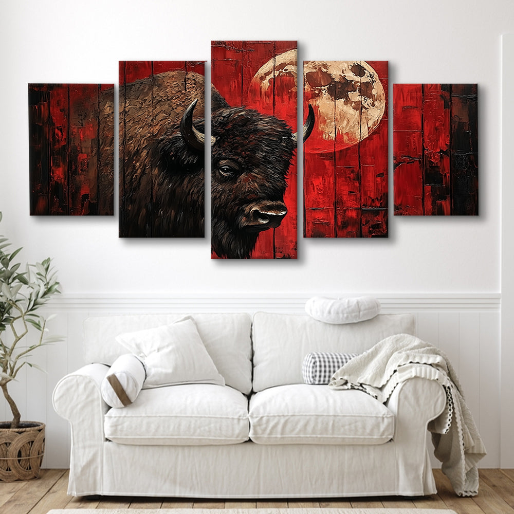 Bison and Moon Painting DardRed, Canvas Art Decor Print, Painting Art, Mixed Panels Canvas Print Wall Art