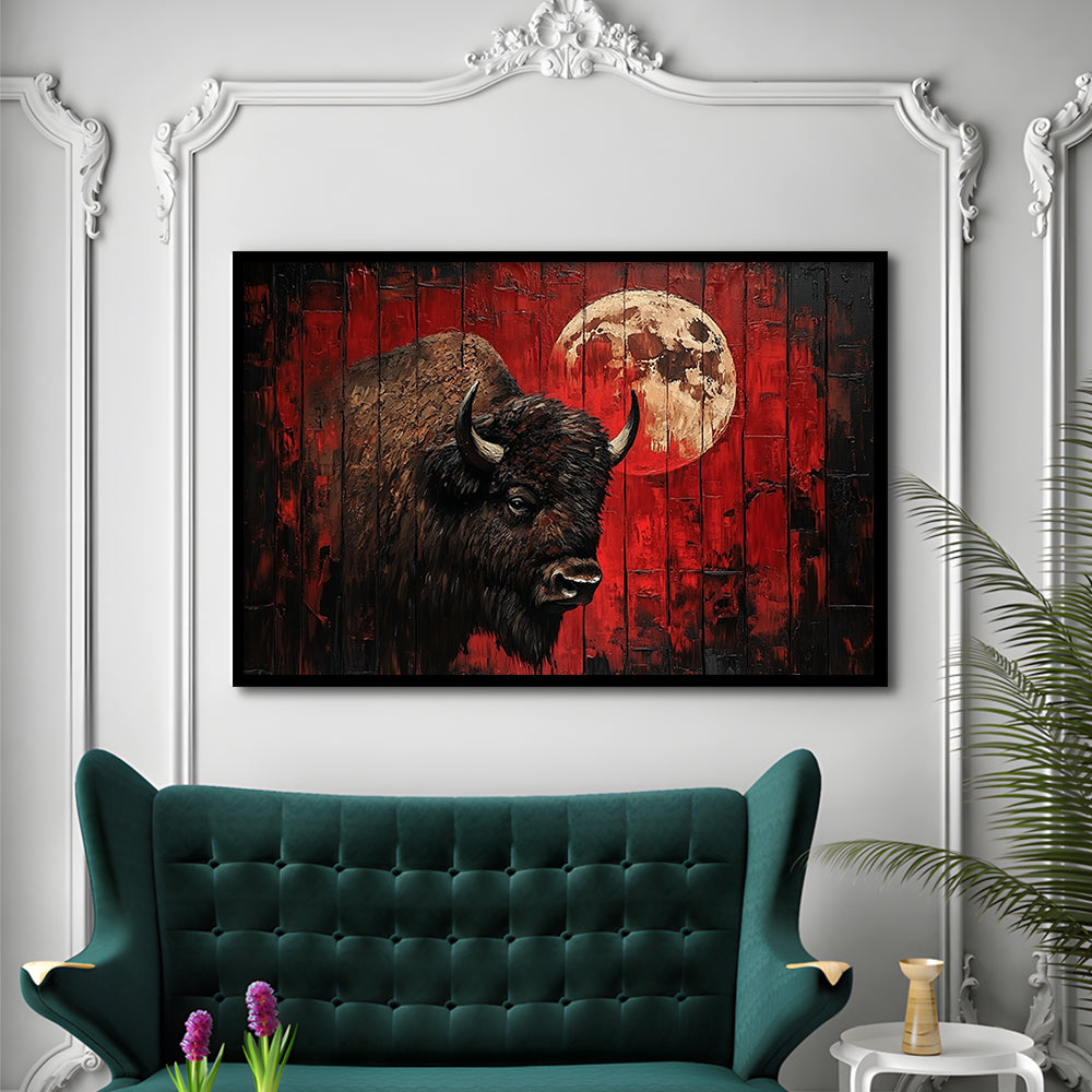 Bison and Moon Painting DardRed, Framed  Print, Painting Art, Framed Art Print Wall Decor, Framed Picture
