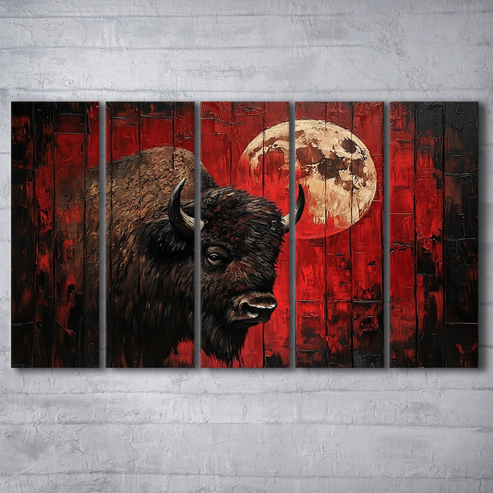 Bison and Moon Painting DardRed, Canvas Art Print, Painting Art, Multi Panels Canvas Print Wall Art