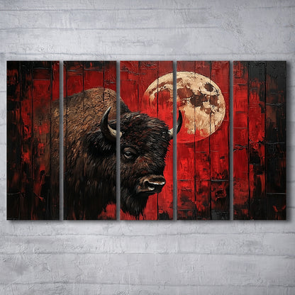 Bison and Moon Painting DardRed, Canvas Art Print, Painting Art, Multi Panels Canvas Print Wall Art