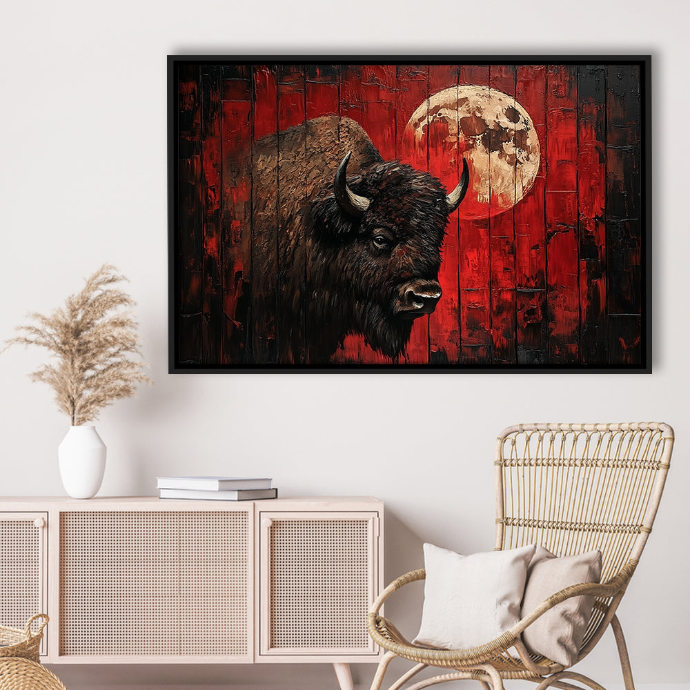 Bison and Moon Painting DardRed, Framed Canvas Print, Painting Art, Floating Framed Canvas Print Wall Art