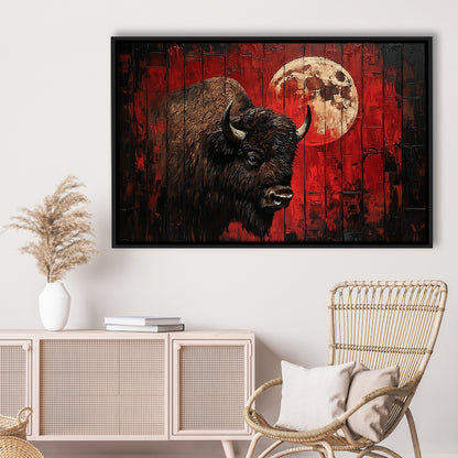 Bison and Moon Painting DardRed, Framed Canvas Print, Painting Art, Floating Framed Canvas Print Wall Art