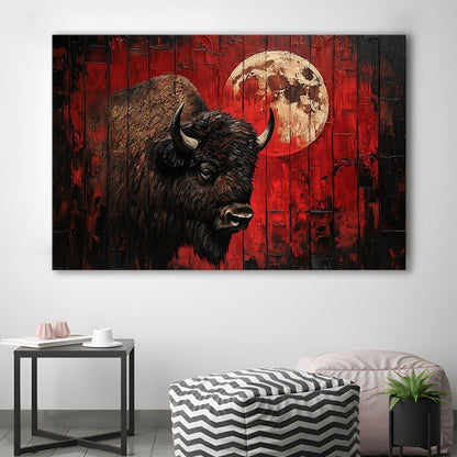 Bison and Moon Painting DardRed, Canvas Art Decor Print, Painting Art, Canvas Print Wall Art Home Decor
