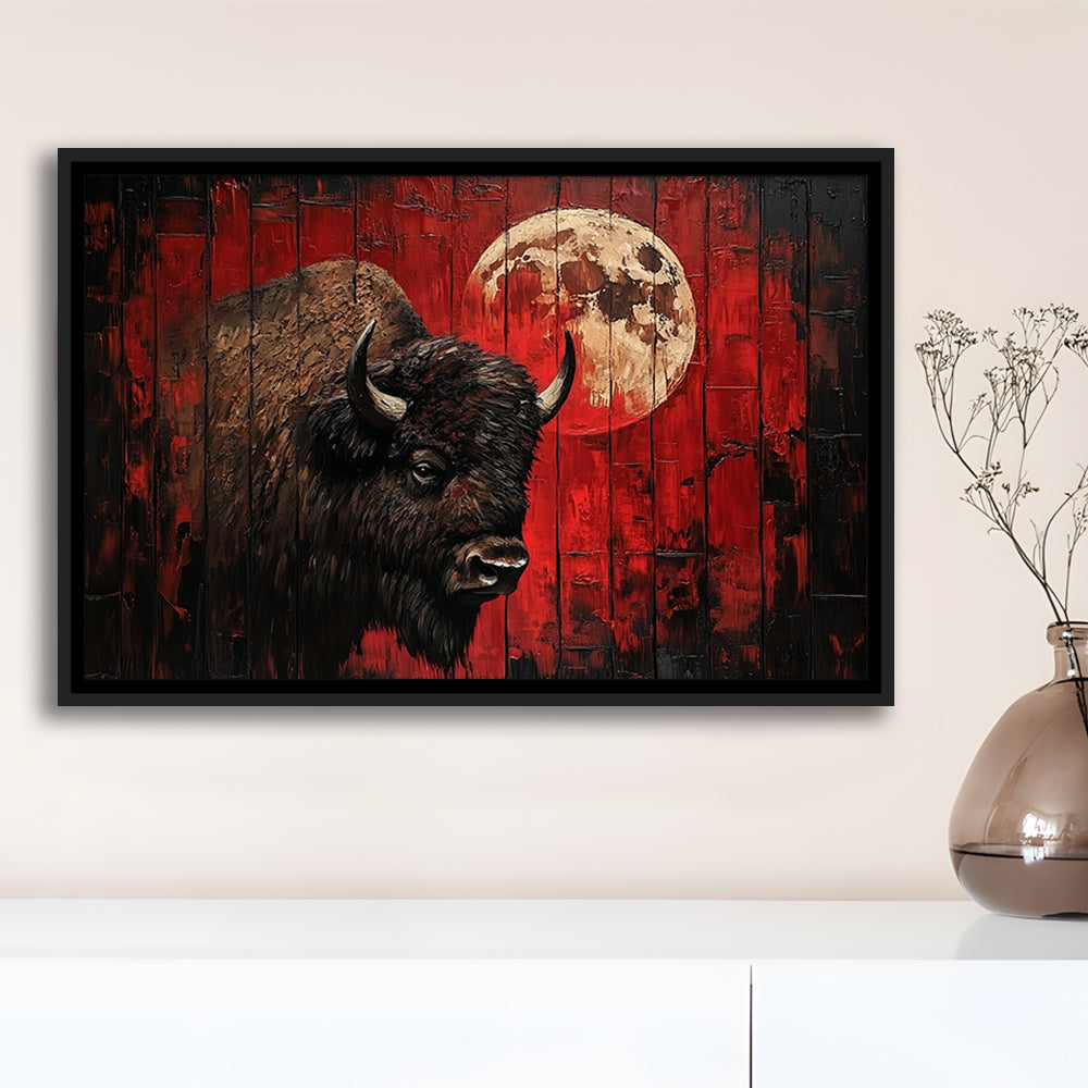 Bison and Moon Painting DardRed, Framed Canvas Print, Painting Art, Floating Framed Canvas Print Wall Art