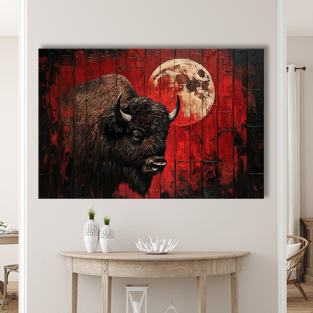 Bison and Moon Painting DardRed, Canvas Art Decor Print, Painting Art, Canvas Print Wall Art Home Decor