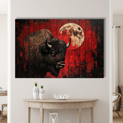 Bison and Moon Painting DardRed, Canvas Art Decor Print, Painting Art, Canvas Print Wall Art Home Decor