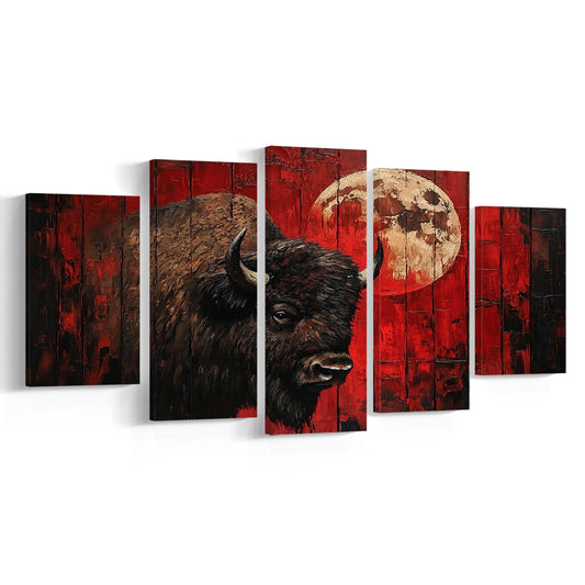 Bison and Moon Painting DardRed, Canvas Art Decor Print, Painting Art, Mixed Panels Canvas Print Wall Art