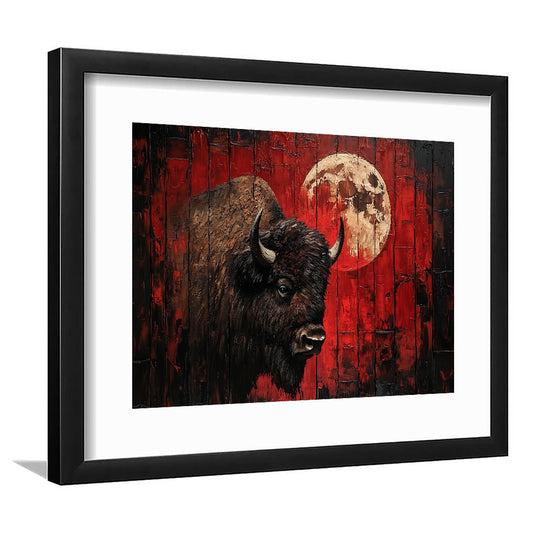 Bison and Moon Painting DardRed, Framed  Print, Painting Art, Framed Art Print White Border Wall Decor