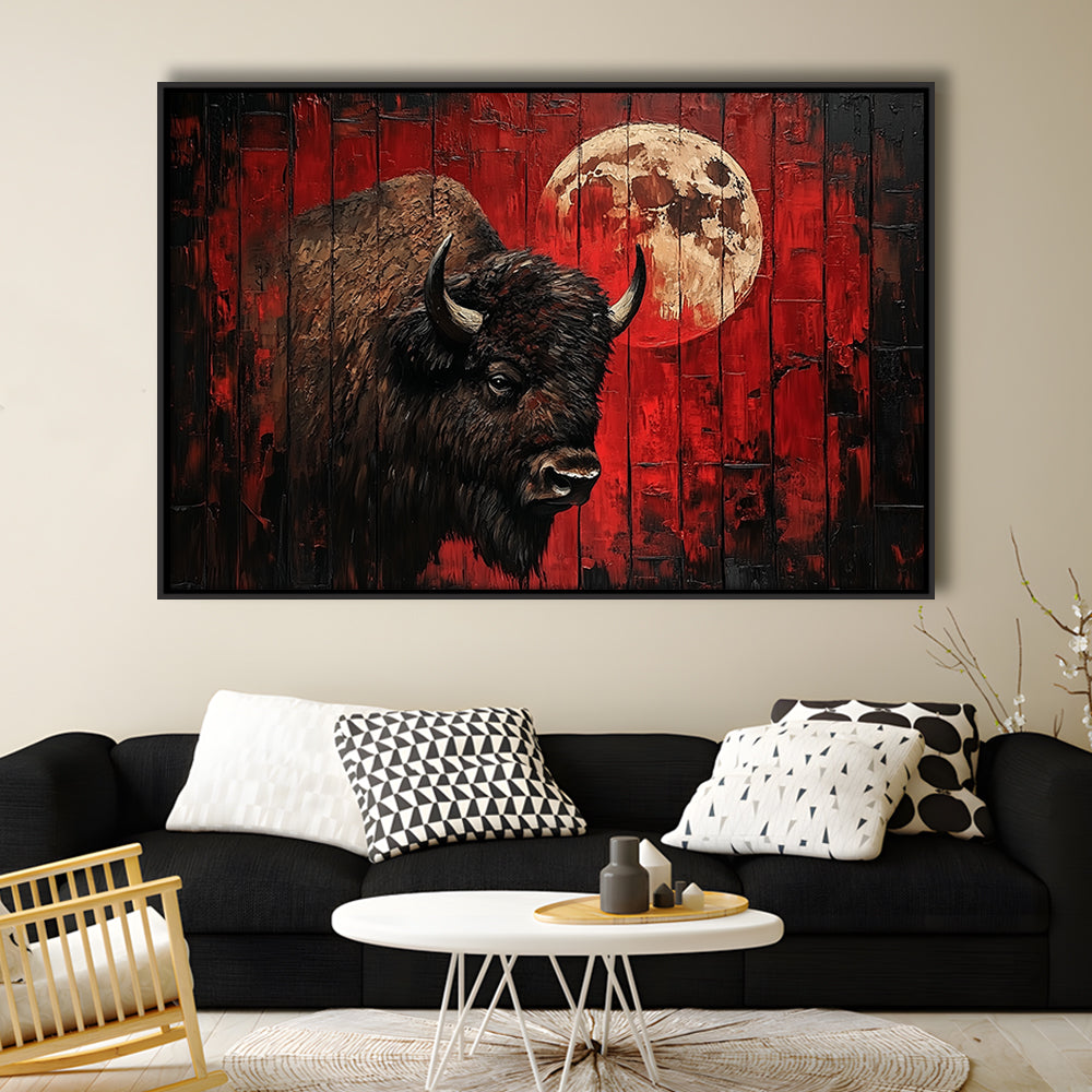 Bison and Moon Painting DardRed, Framed Canvas Print, Painting Art, Floating Framed Canvas Print Wall Art