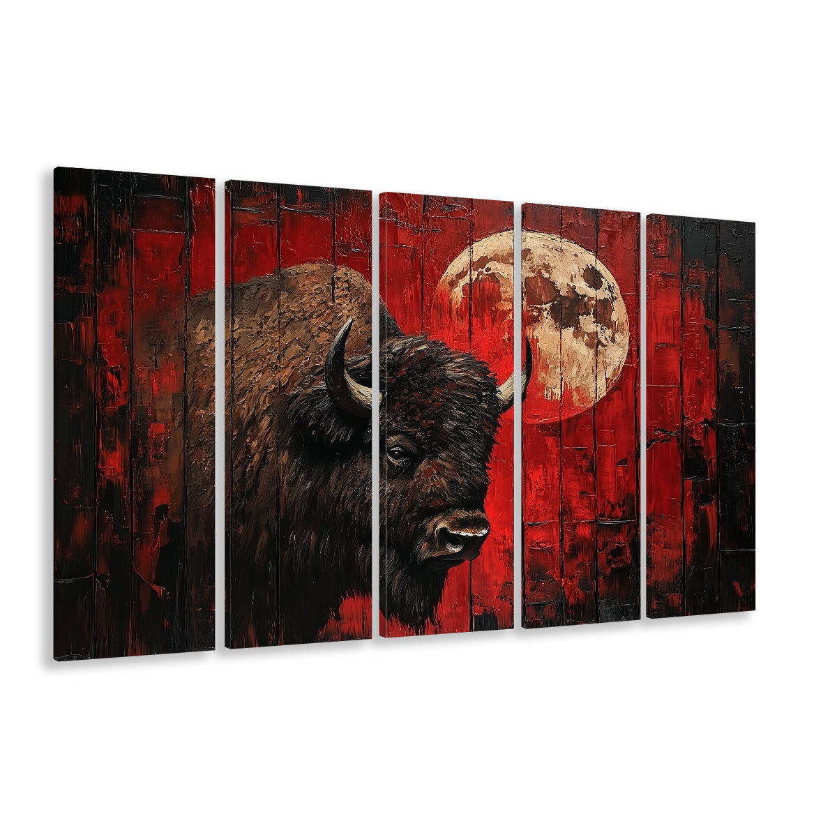 Bison and Moon Painting DardRed, Canvas Art Print, Painting Art, Multi Panels Canvas Print Wall Art