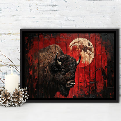 Bison and Moon Painting DardRed, Framed Canvas Print, Painting Art, Floating Framed Canvas Print Wall Art