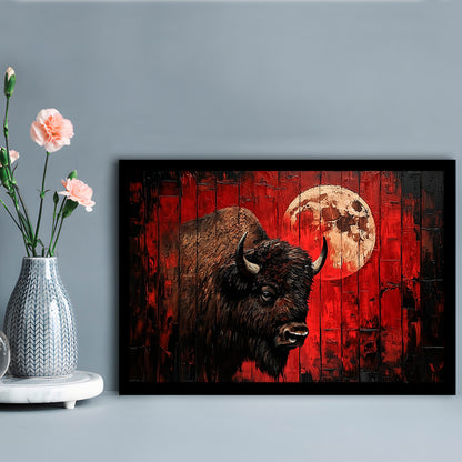 Bison and Moon Painting DardRed, Framed  Print, Painting Art, Framed Art Print Wall Decor, Framed Picture